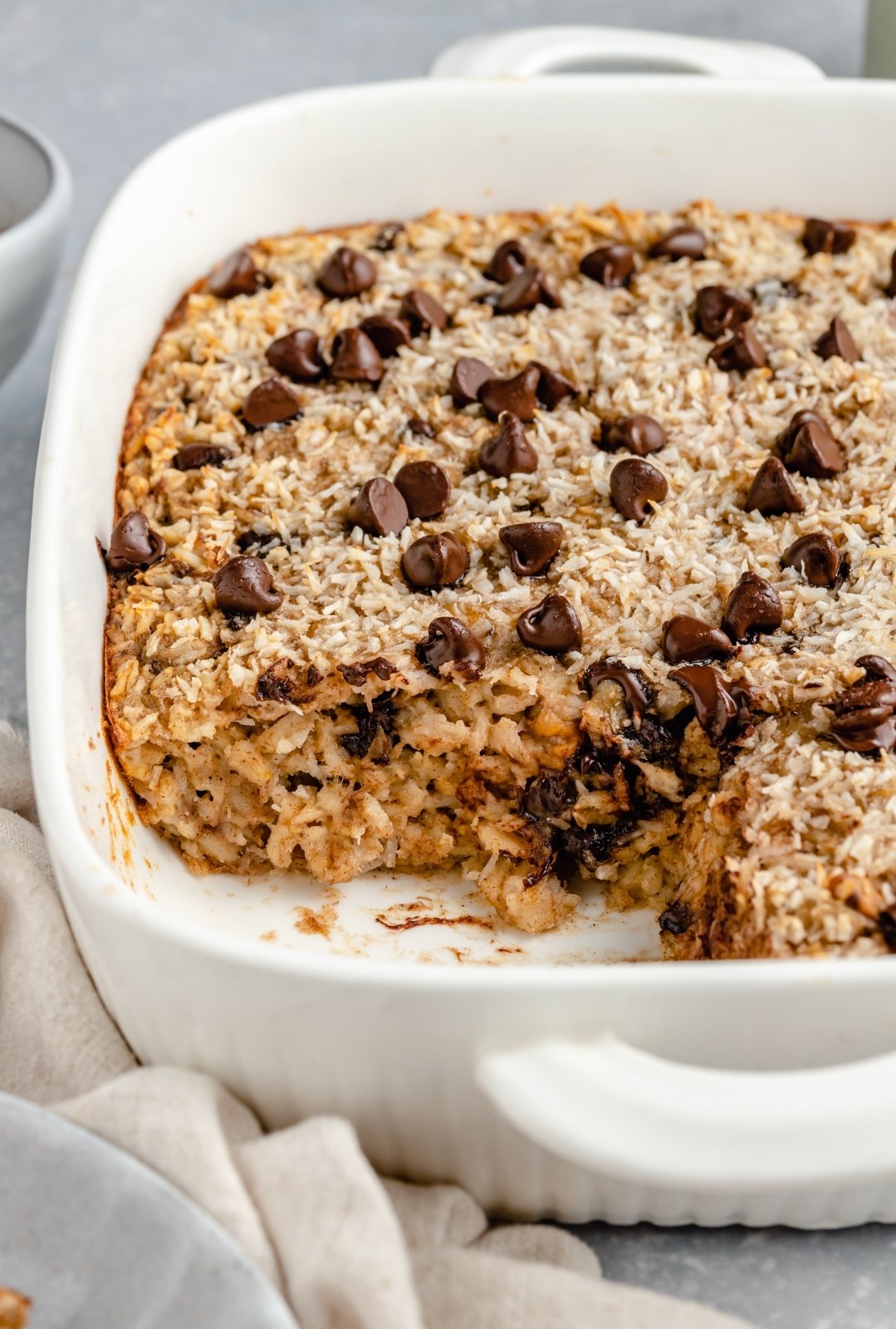 banana baked oatmeal in a baking dish