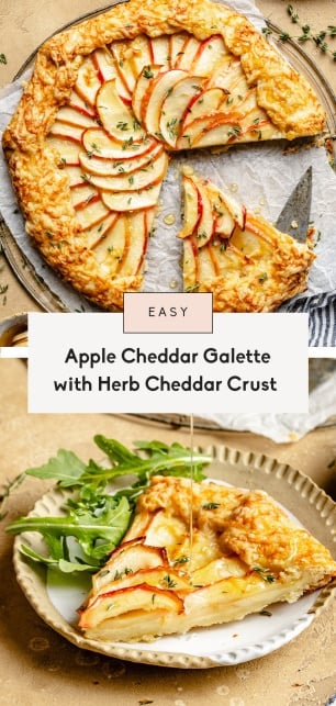 collage of an apple cheddar galette