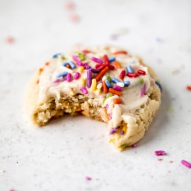 gluten free birthday cake cookie with a bite taken out