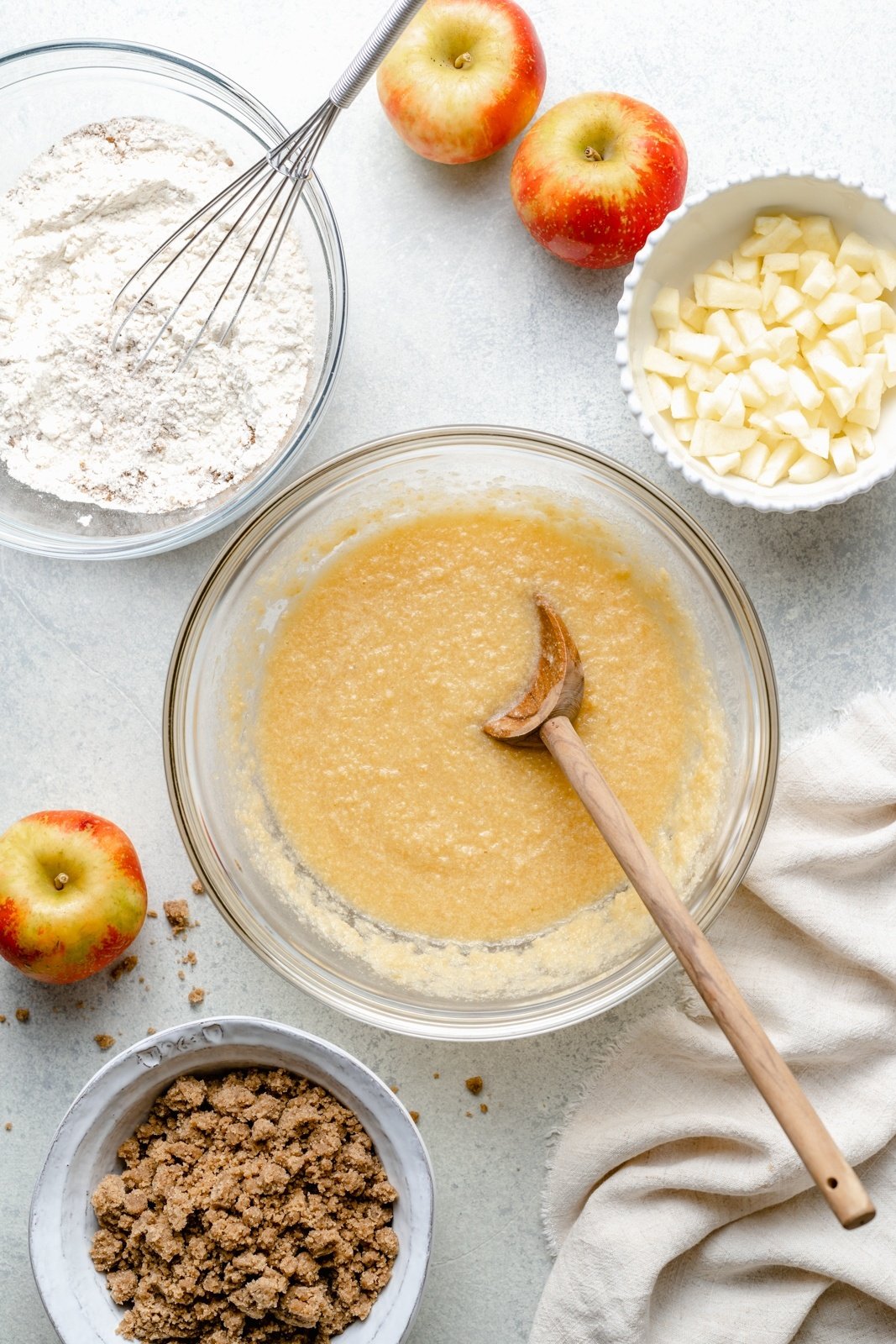 ingredients for easy apple coffee cake in bowls