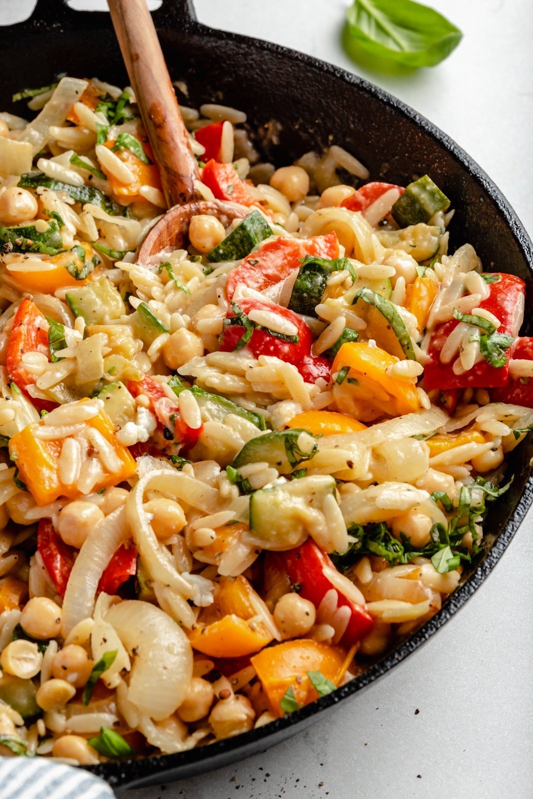 grilled veggie orzo in a skillet