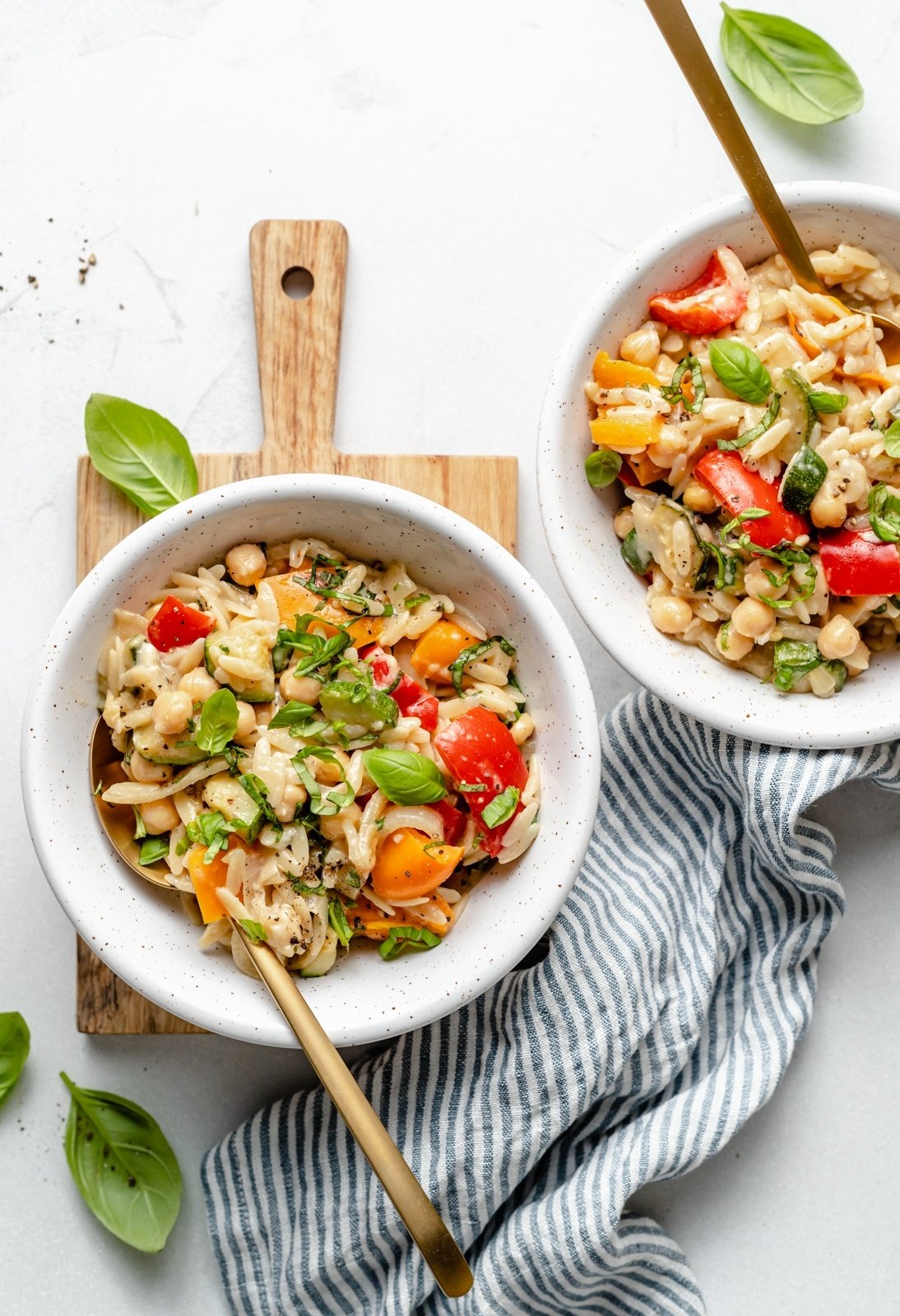 30 minute grilled vegetable orzo in two bowls