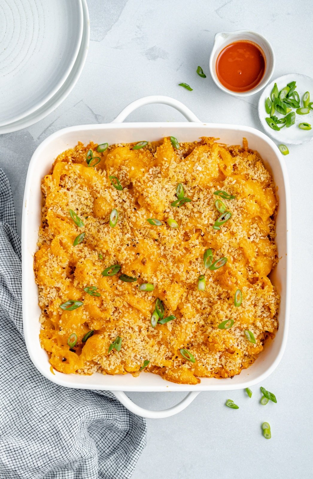 buffalo cauliflower mac and cheese in a baking dish