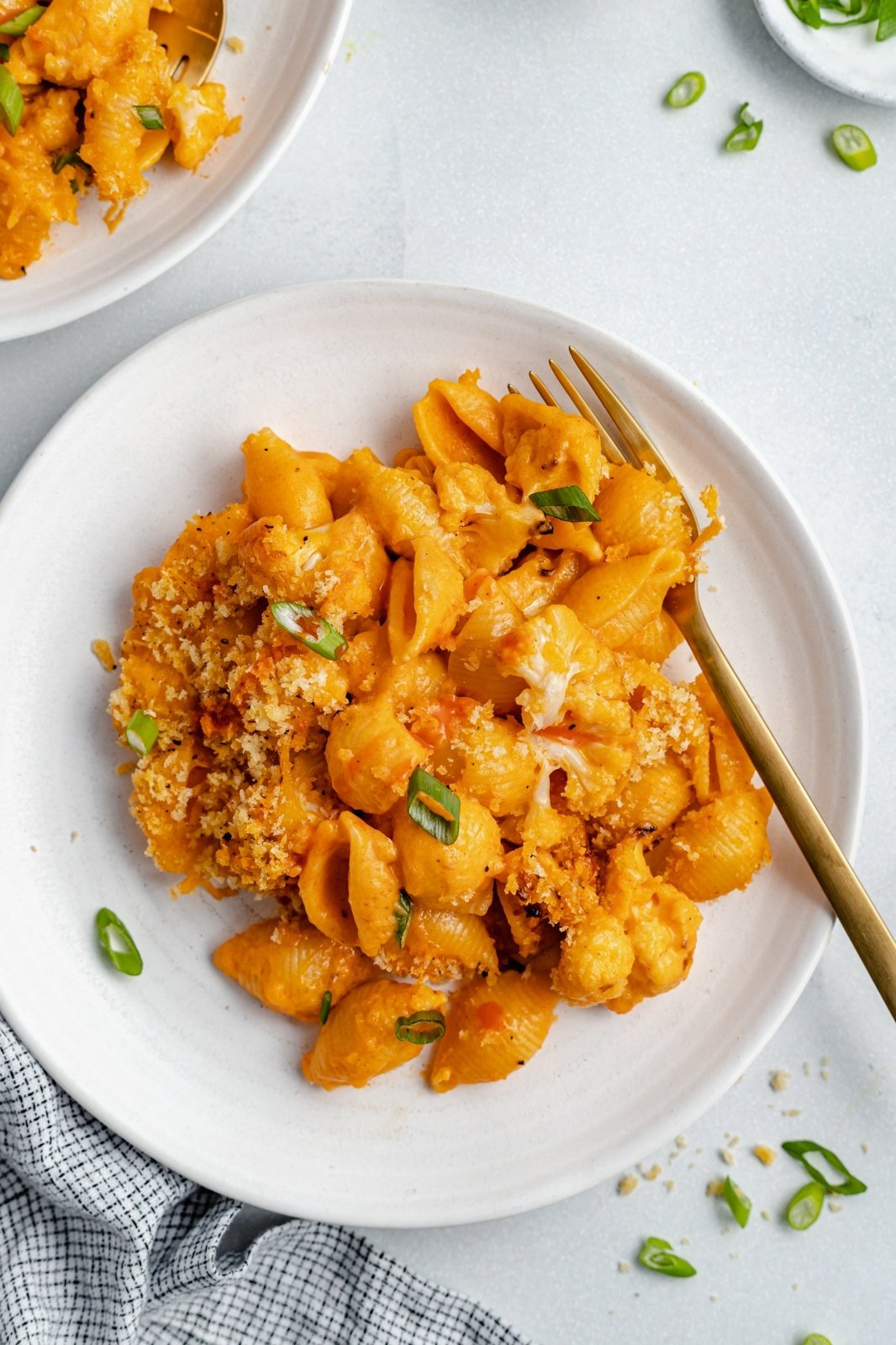 vegetarian buffalo cauliflower mac and cheese on a plate