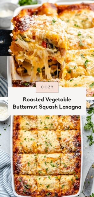 collage of healthy butternut squash lasagna