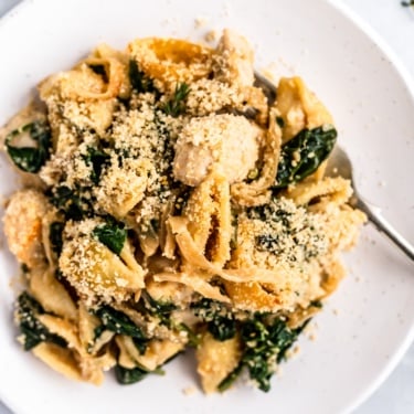 spinach chicken pasta bake on a plate