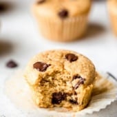 flourless peanut butter chickpea muffin with a bite taken out