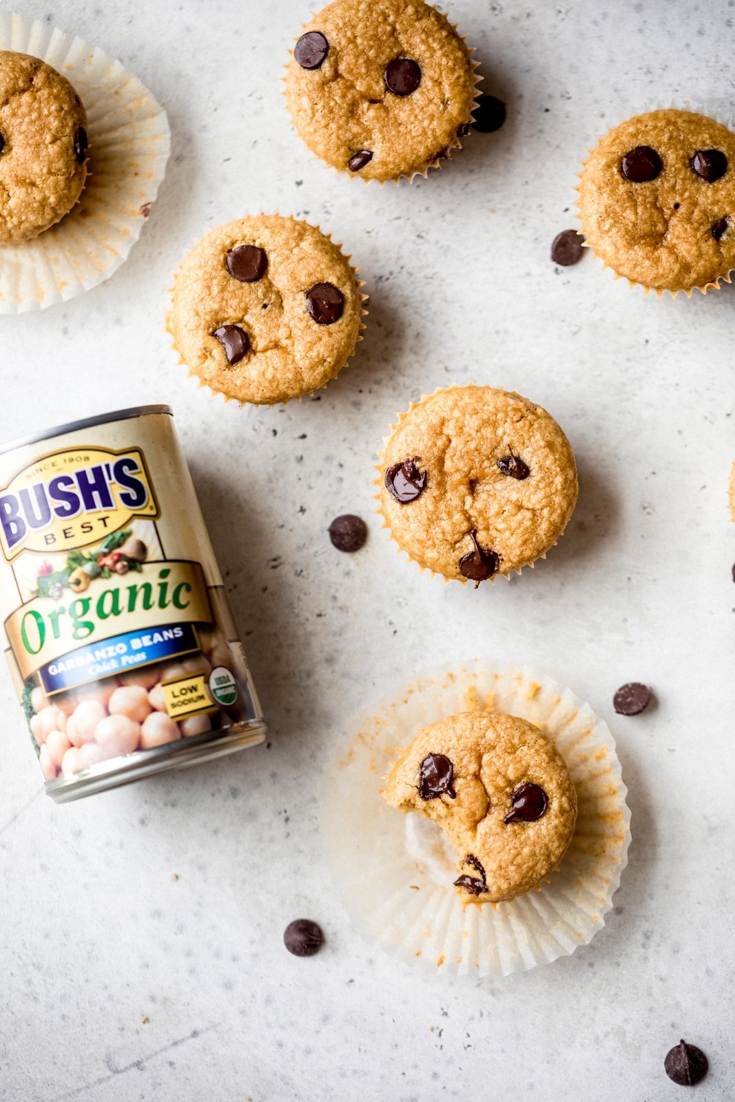 flourless peanut butter chickpea muffins next to a can of garbanzo beans