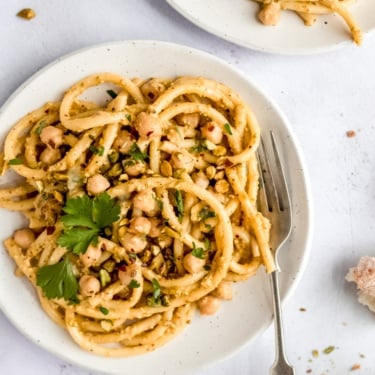 brown butter pasta with chickpeas on a plate