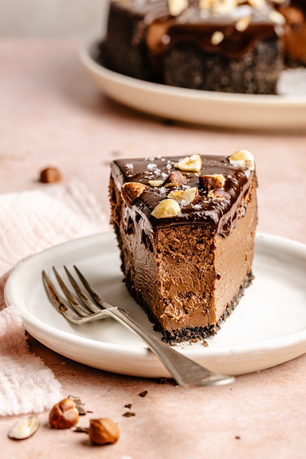 slice of chocolate cheesecake on a plate