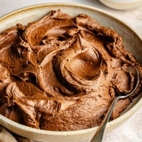 chocolate buttercream frosting in a bowl with a spoon