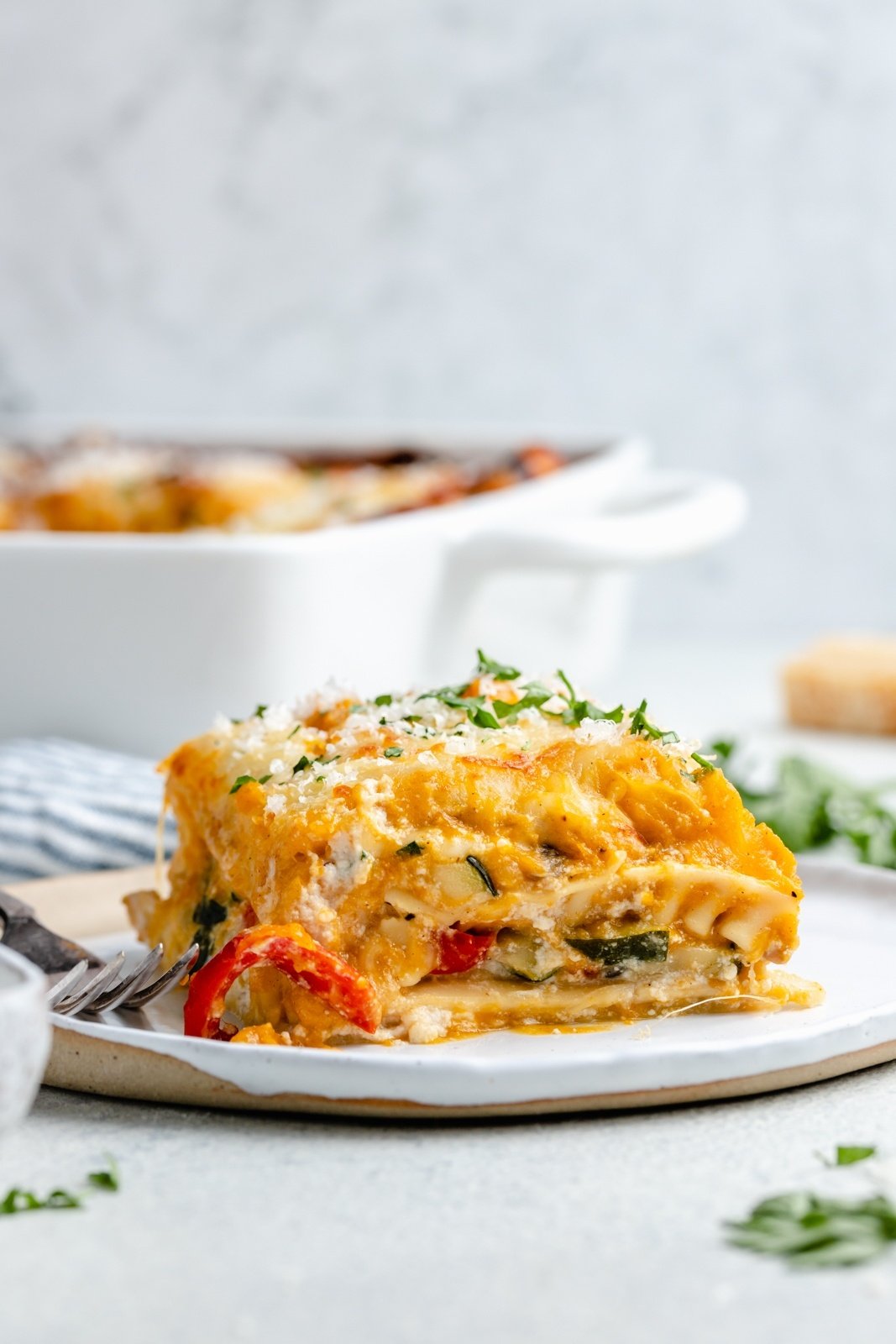 slice of roasted vegetable lasagna on a plate