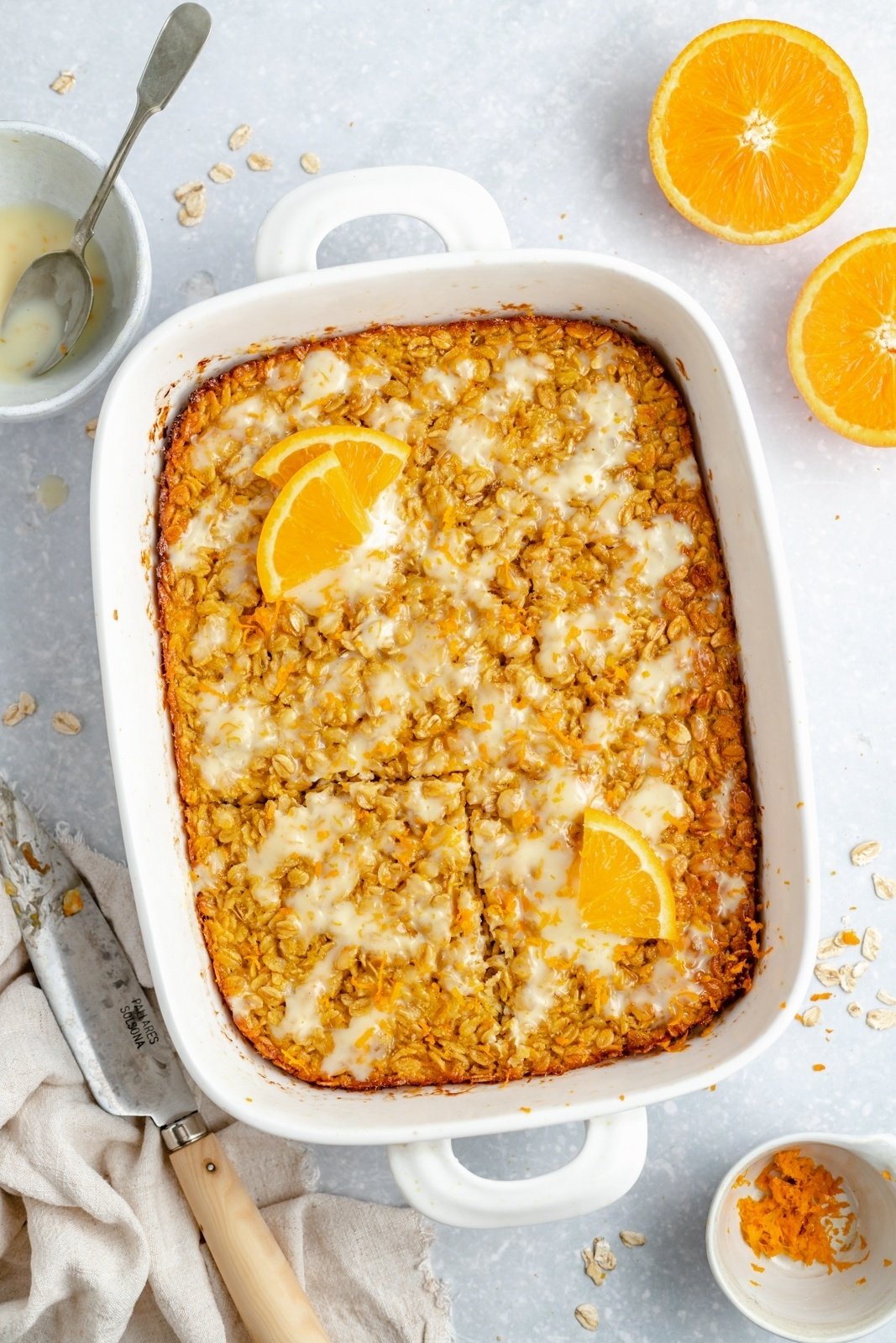 orange baked oatmeal in a baking dish