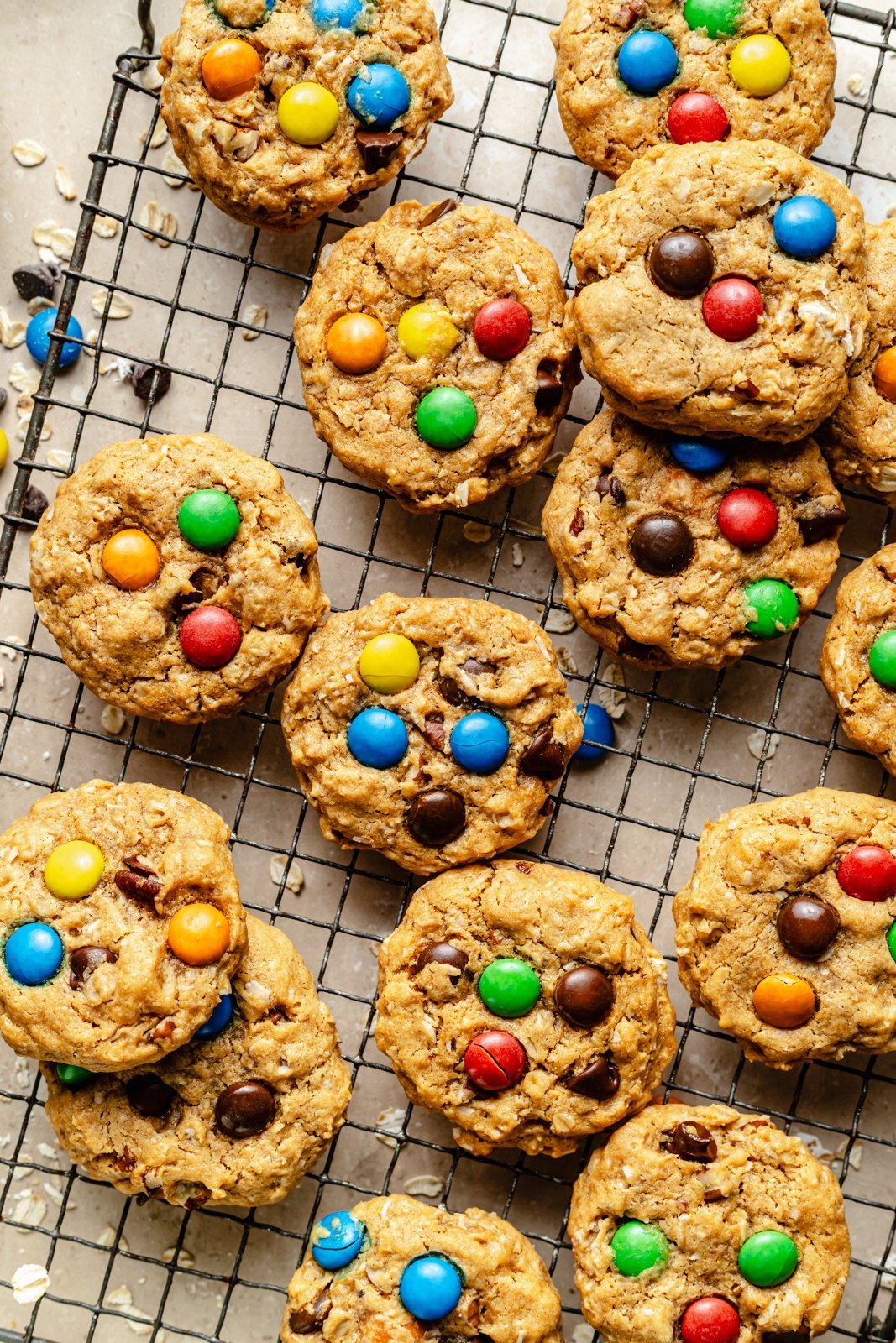 healthy monster cookies on a wire rack