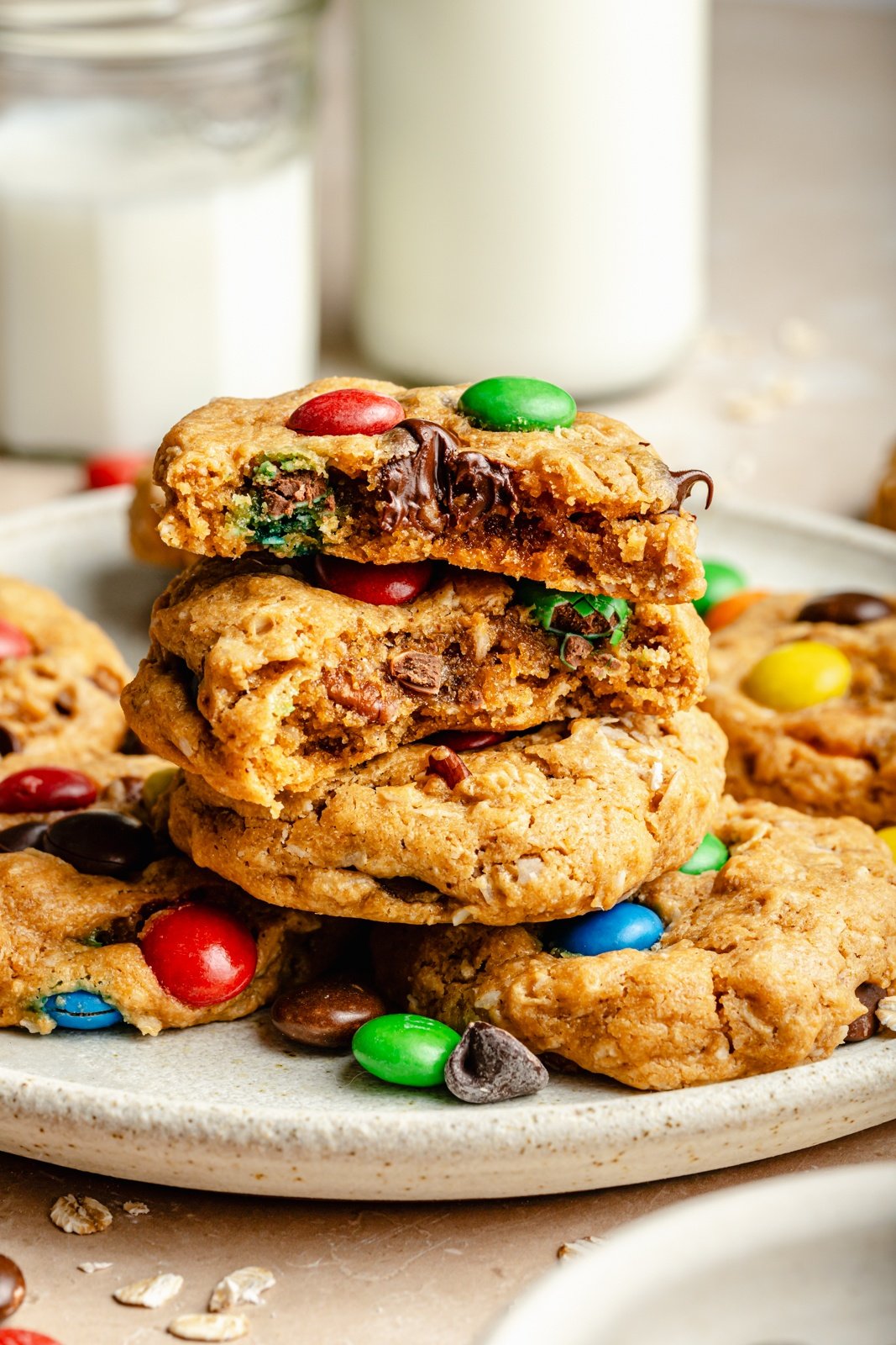 healthy monster cookies in a stack