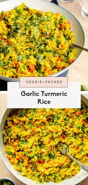 collage of garlic turmeric rice