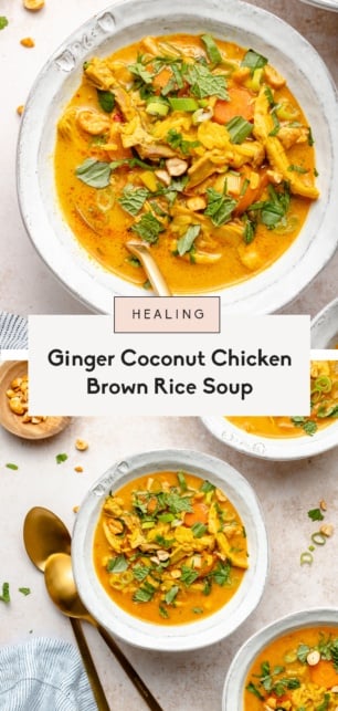 collage of ginger chicken soup with rice