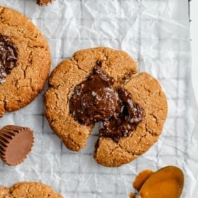 healthy peanut butter cup cookie broken in half