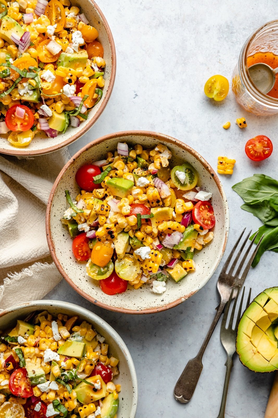 easy grilled corn salad in three bowls