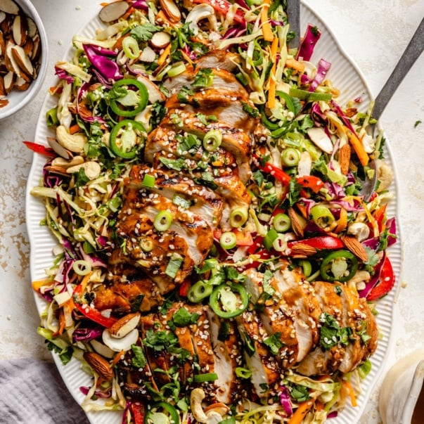 sesame chicken salad on a platter