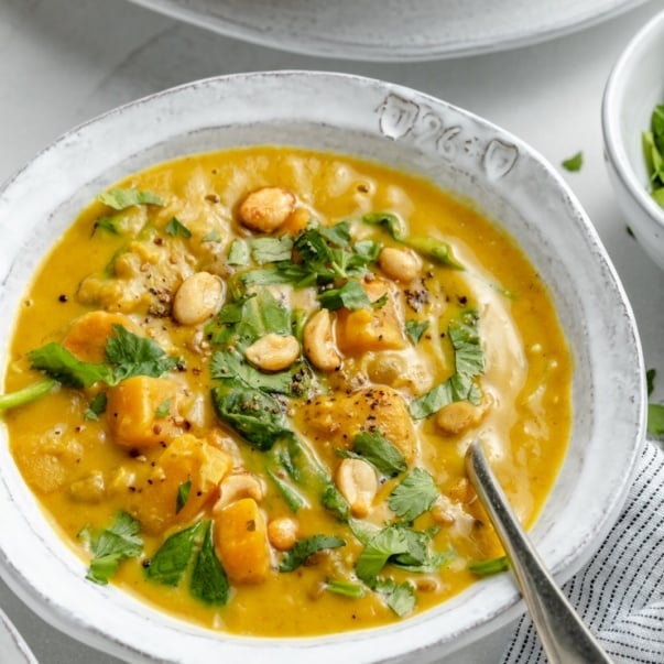 vegan butternut squash lentil soup in a bowl