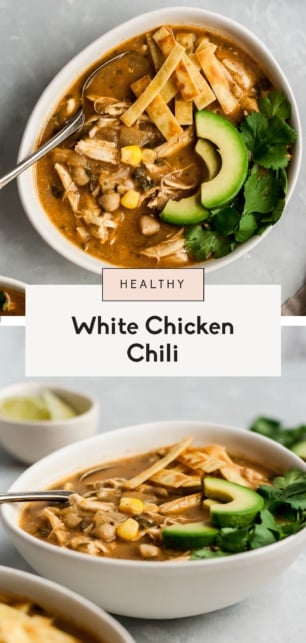 collage of healthy white chicken chili