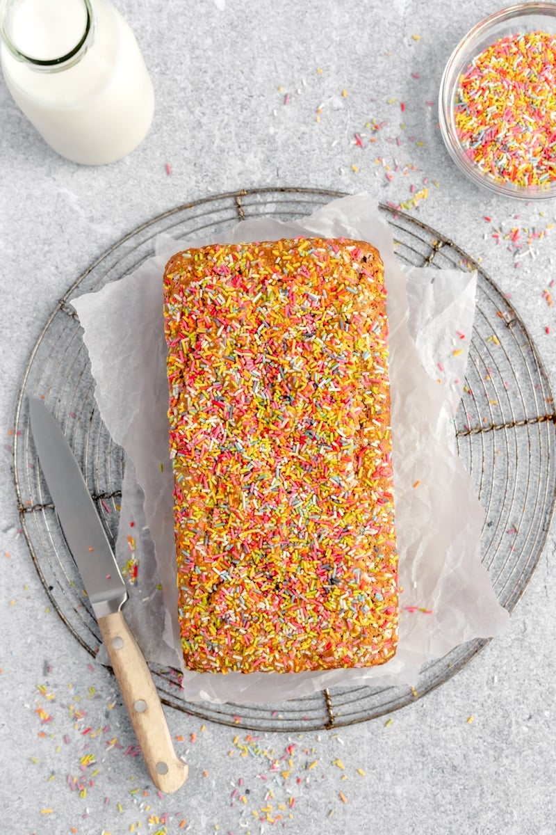 healthy birthday cake bread without banana on a wire rack