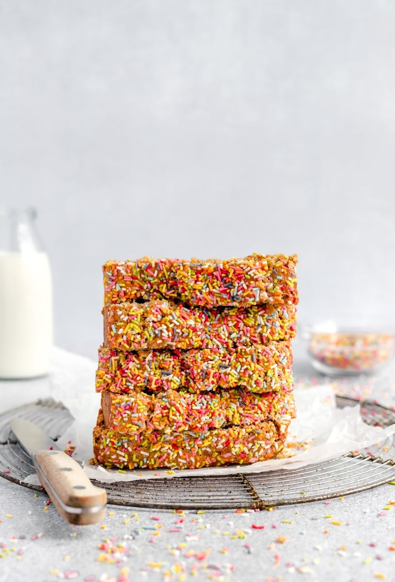 slices of healthy birthday cake bread in a stack