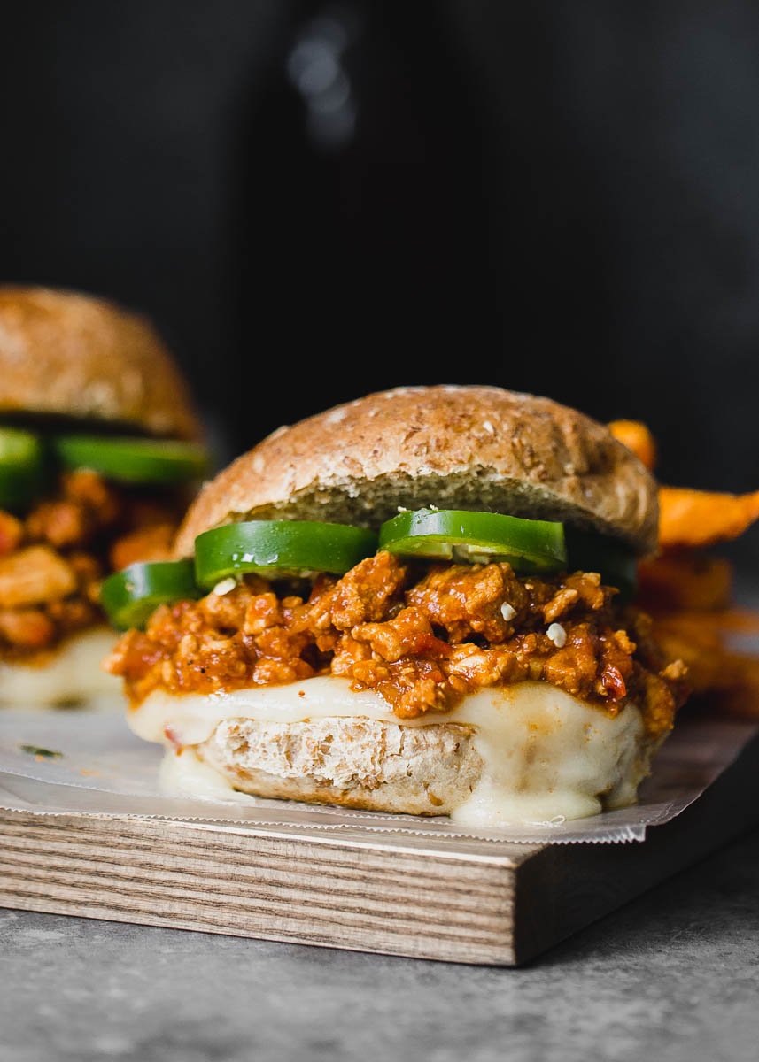 Healthy turkey sloppy joes topped with jalapeño slices