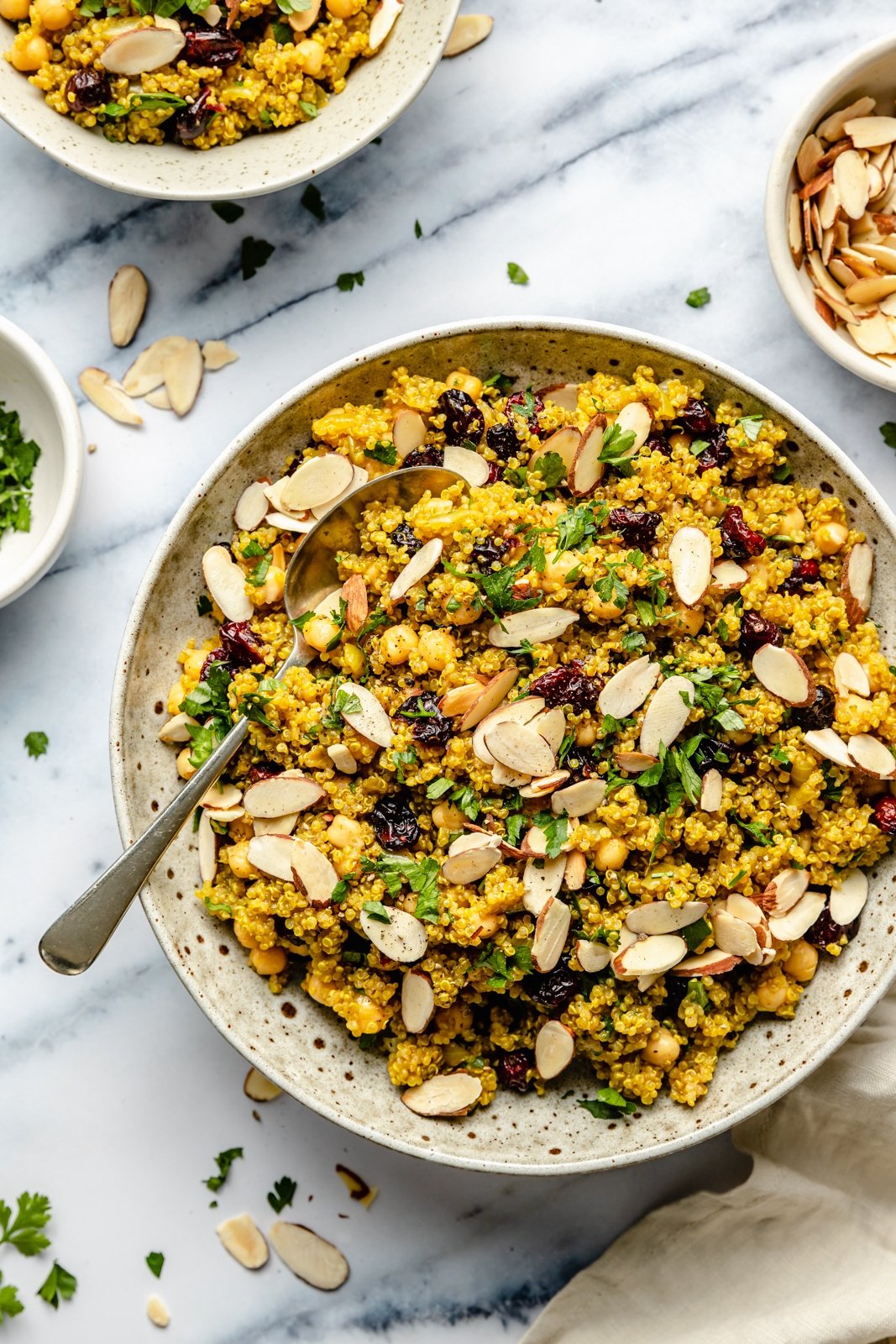 moroccan chickpea quinoa salad in a bowl