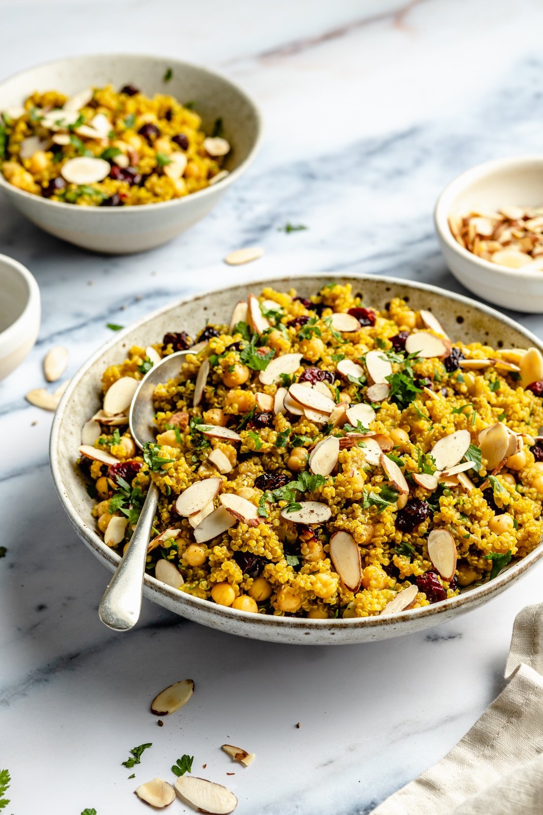 moroccan chickpea quinoa salad in a bowl