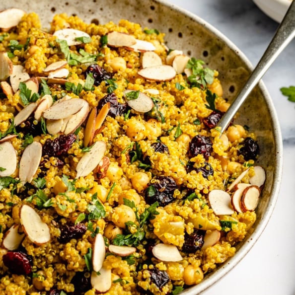 moroccan chickpea quinoa salad in a bowl