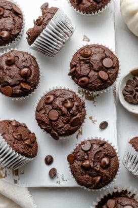 healthy almond butter chocolate pumpkin muffins on a marble board