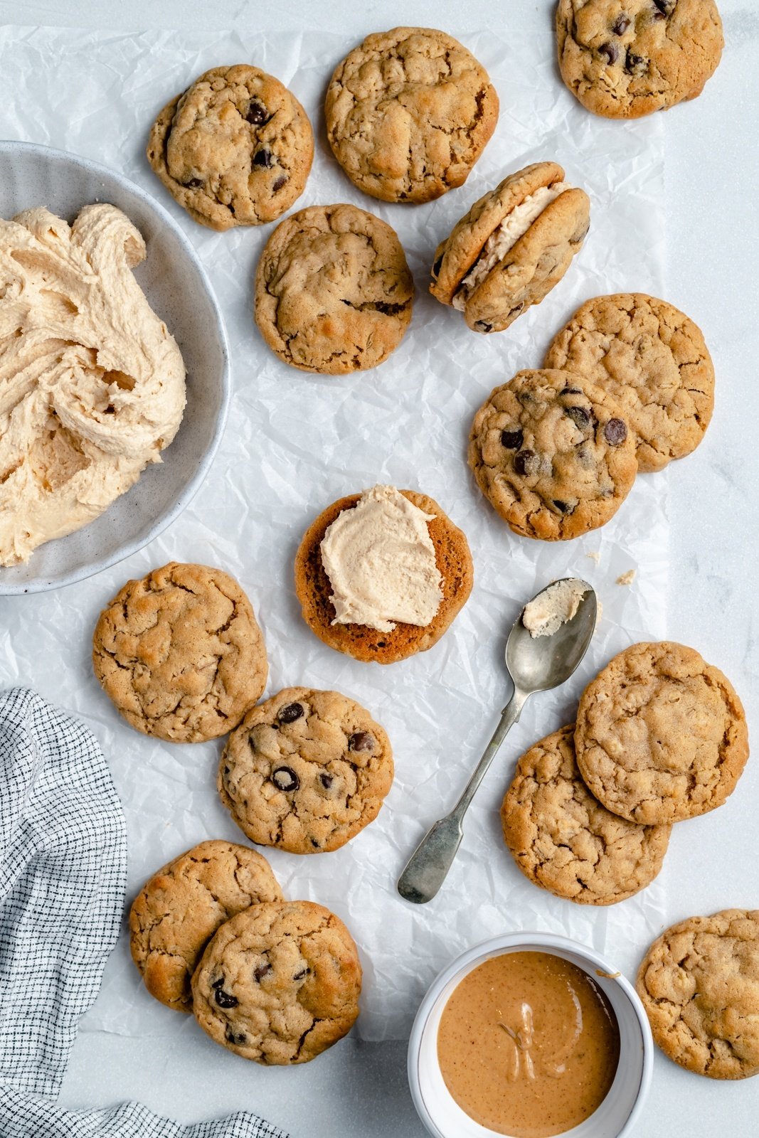 making peanut butter oatmeal cream pies with peanut butter frosting