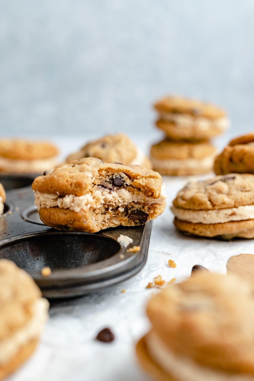 peanut butter oatmeal cream pie with a bite taken out