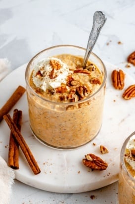 creamy pumpkin pie overnight oats in a glass