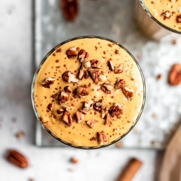 overhead shot of pumpkin smoothie