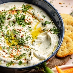 garlic feta dip in a bowl