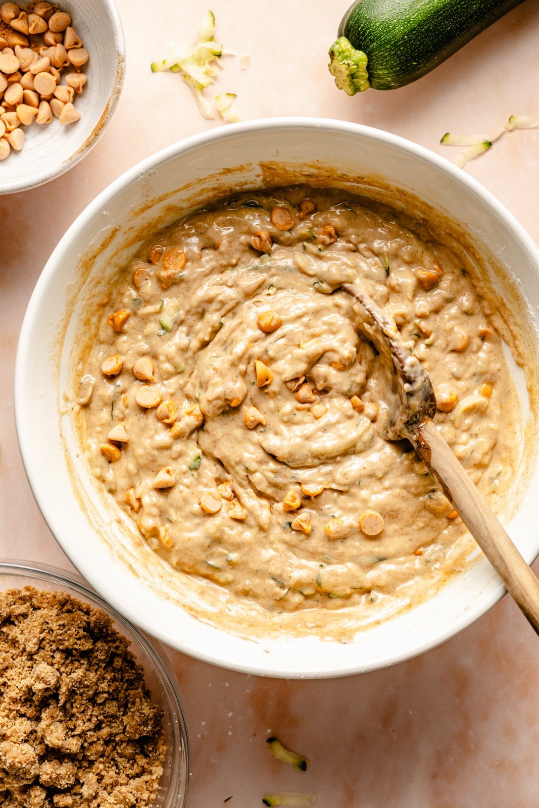 butterscotch zucchini coffee cake batter in a bowl