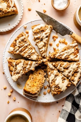 zucchini coffee cake sliced on a plate