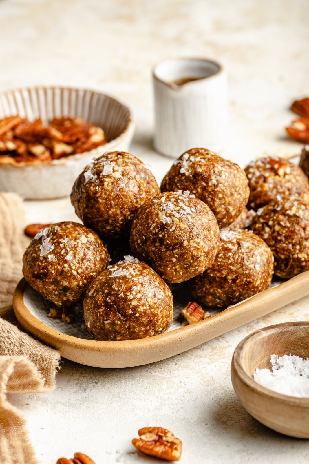 pecan pie energy bites in a stack