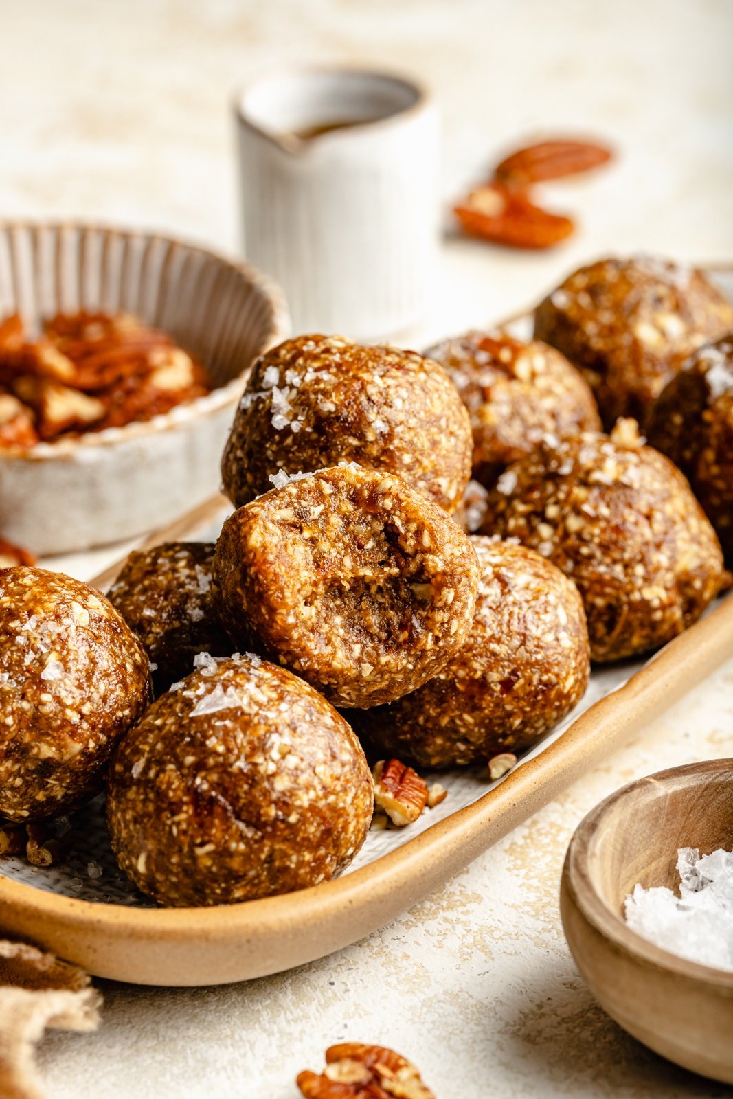 pecan pie energy bites stacked on a plate