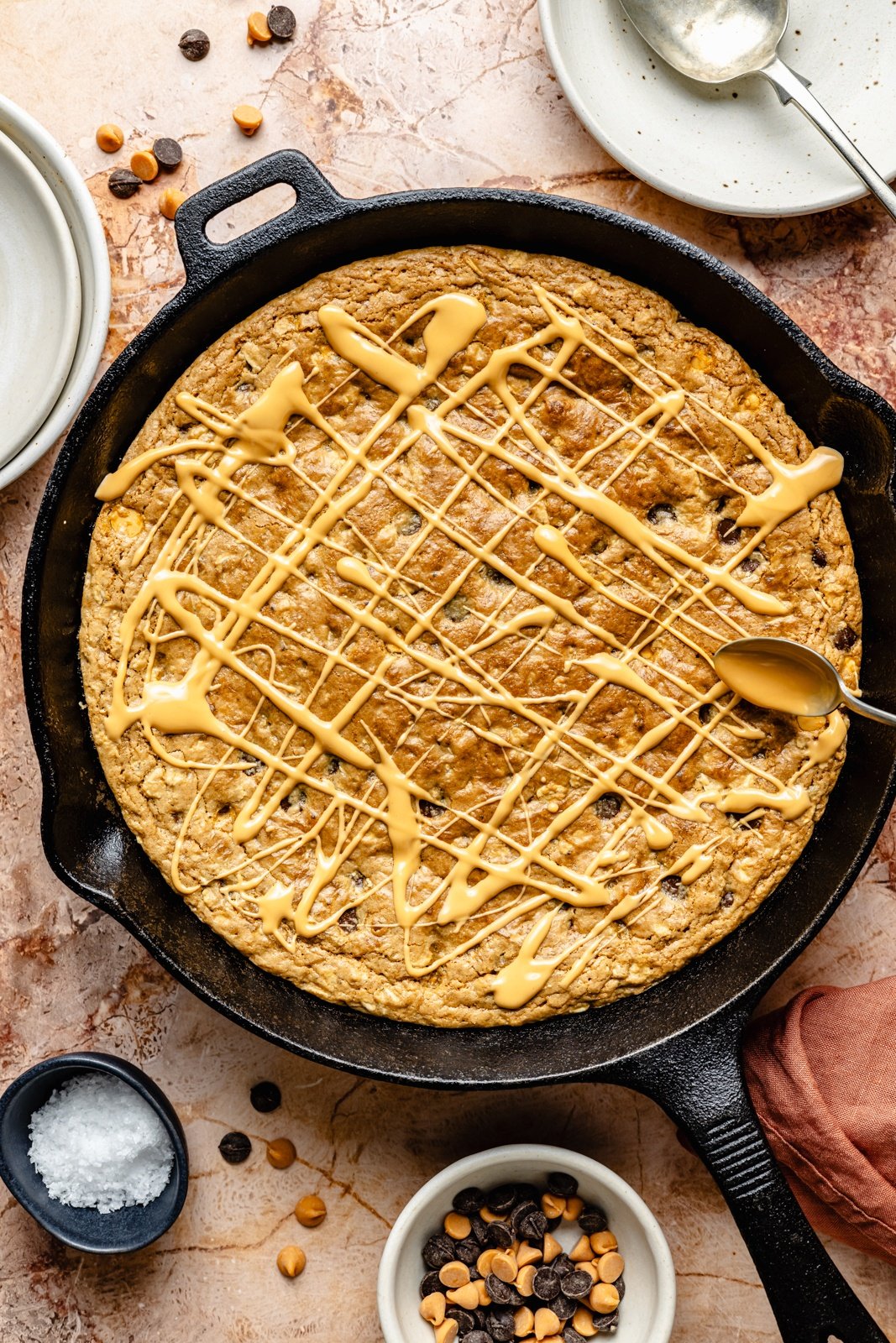 gluten free butterscotch cookie skillet drizzled with butterscotch