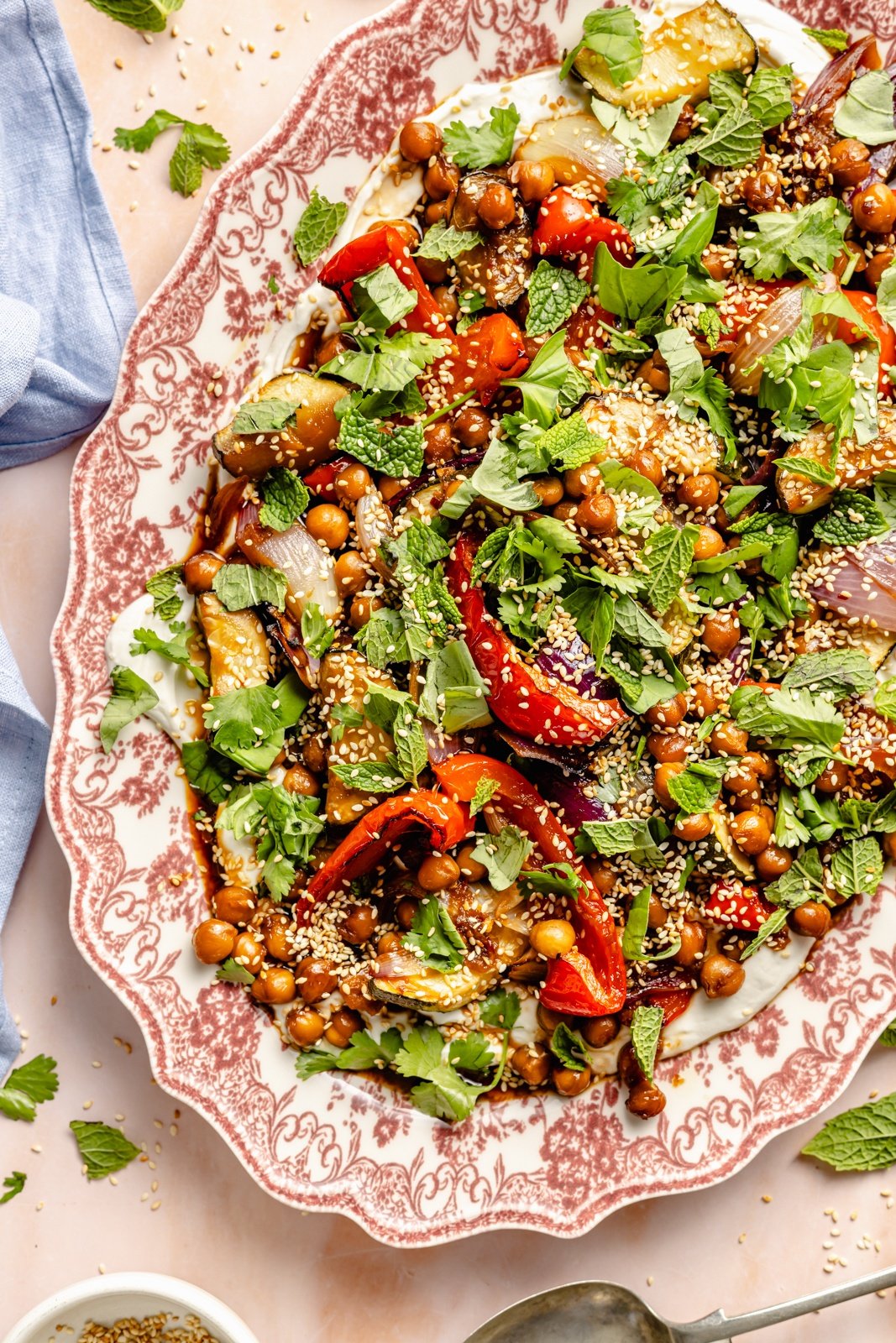 sesame roasted vegetables with chickpeas on a platter