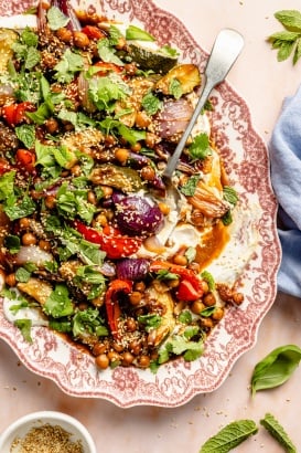 sesame roasted vegetables and chickpeas on a platter