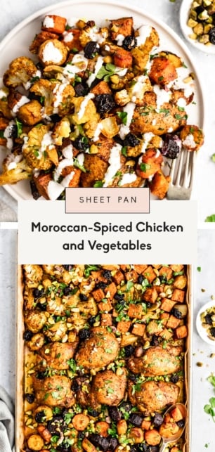 collage of sheet pan moroccan chicken