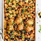 sheet pan Moroccan chicken and veggies on a pan