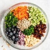 healthy broccoli salad ingredients in a bowl