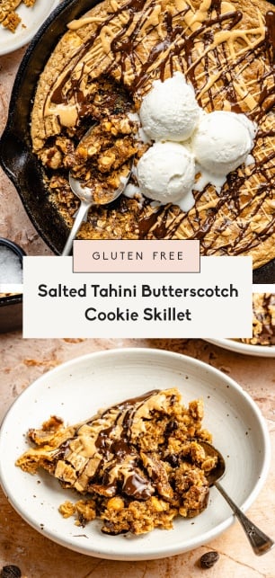 collage of a butterscotch cookie skillet