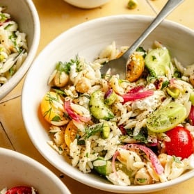 the viral Jennifer Aniston salad with pasta in a bowl